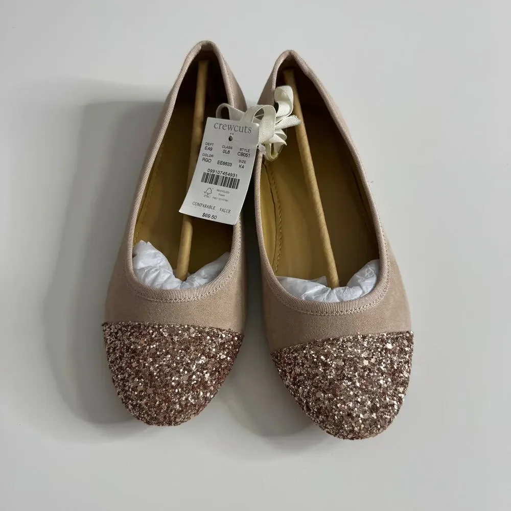 NWT J. CREW Crewcuts Girls' Glitter Cap Toe Ballet Flats Tan Gold 4